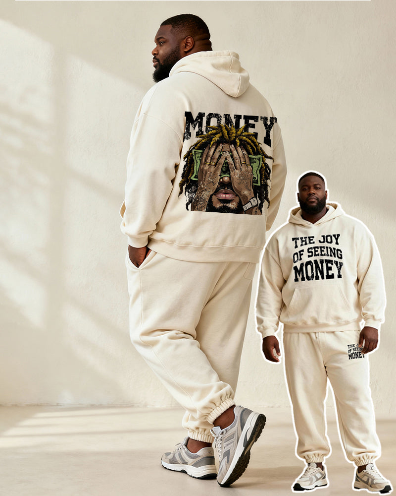 Big & Tall Men's Off-White "MONEY" Cartoon Print Hoodie Set