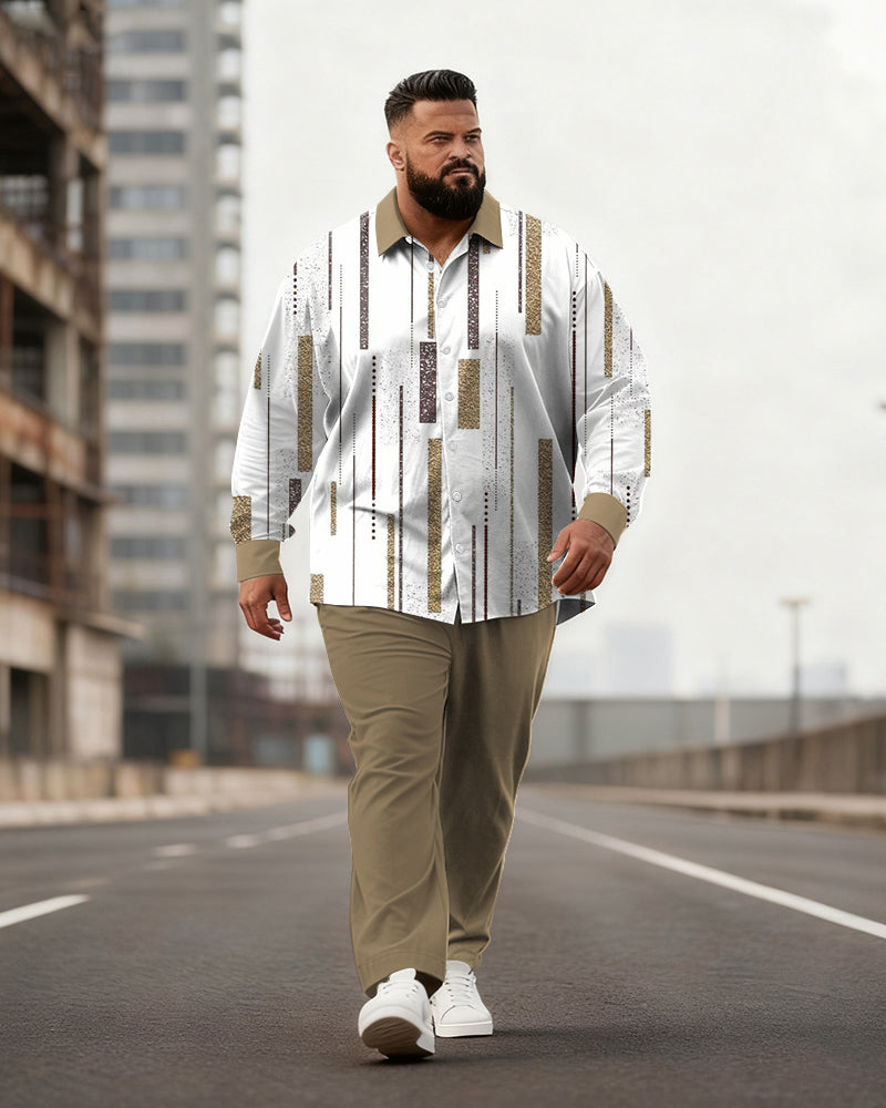Big & Tall Men's Business Brown Striped Print Long Sleeve Shirt Pants Set