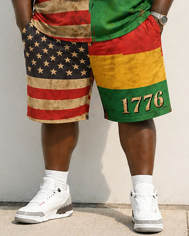 Big & Tall Men's 1776 Broken Handcuffs Reggae Color Matching US Flag Printed Crewneck Short Sleeve T-Shirt Shorts Set