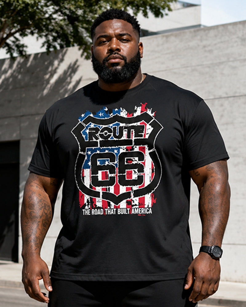 Big & Tall Men's Distressed Flag Route 66 Shield Printed Crew Neck Short Sleeve T-shirt Shorts Set