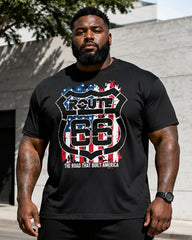 Big & Tall Men's Distressed Flag Route 66 Shield Printed Crew Neck Short Sleeve T-shirt Shorts Set