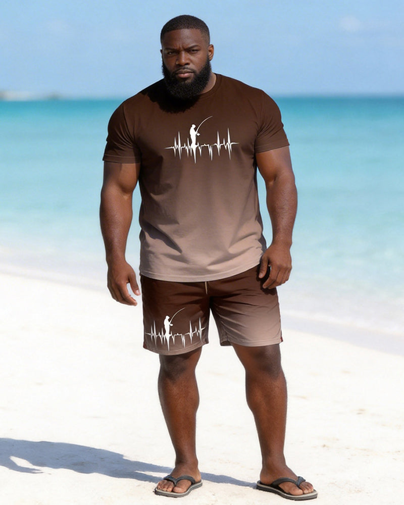 Big & Tall Men's Gradient Fishing ECG Printed Round Neck Short Sleeve T-shirt Shorts Set