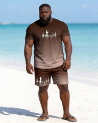 Big & Tall Men's Gradient Fishing ECG Printed Round Neck Short Sleeve T-shirt Shorts Set