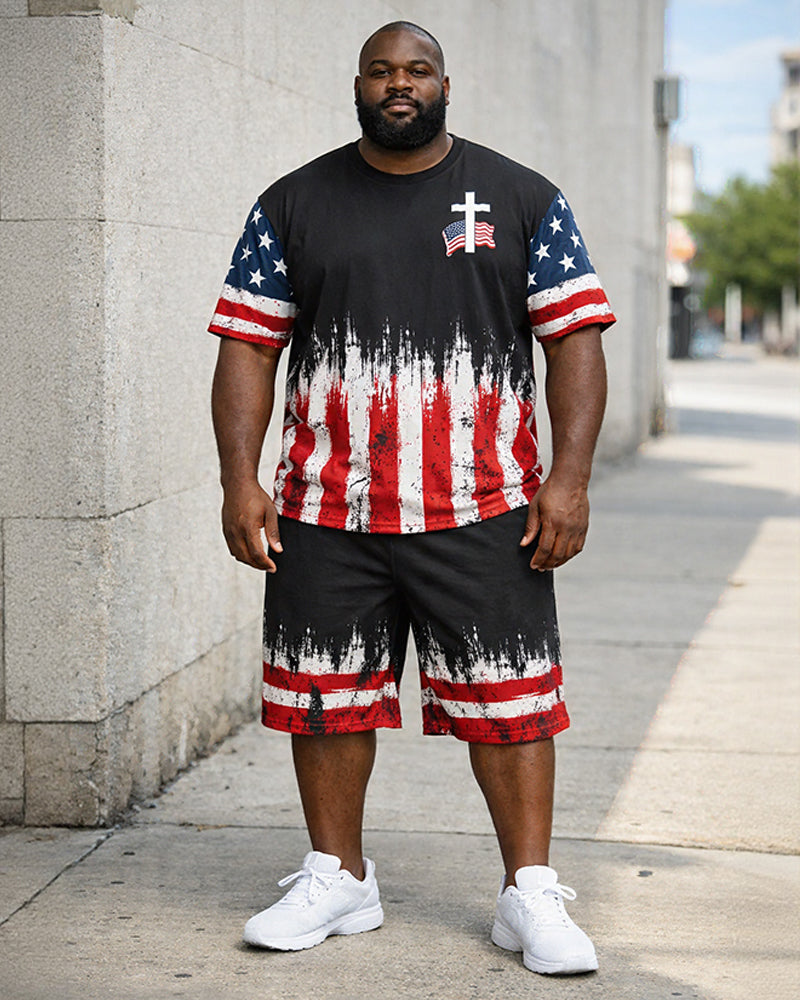Big & Tall Men's American Flag Cross Splash Ink Printed Round Neck Short Sleeve T-Shirt Shorts Set