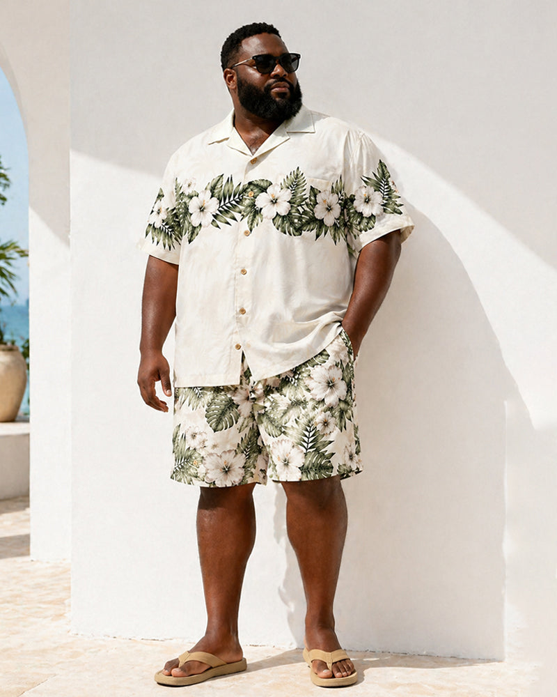 Big & Tall Men's Tropical Hibiscus Palm Leaf Print Short-Sleeve Shirt And Shorts Set