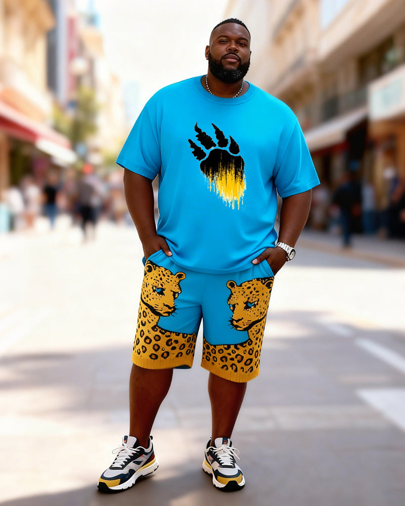 Big & Tall Men's Blue Leopard Claw Contrast Printed Crew Neck Short Sleeve T-shirt Shorts Set