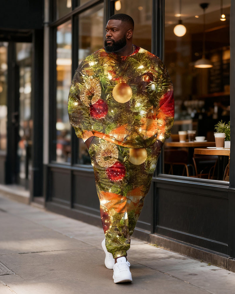 Big & Tall Men's Christmas Branch Decorative Ball Printed Round Neck Sweat Set