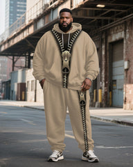 Big & Tall Men's Khaki Three-Dimensional Zipper Decorative Printed Hoodie Set