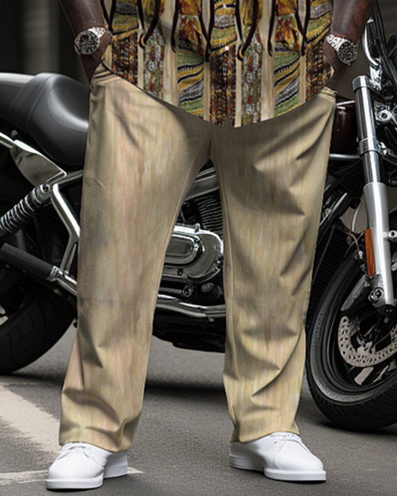 Big & Tall Men's Khakis African Figure Print Long Sleeve Shirt Pants Set