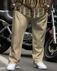 Big & Tall Men's Khakis African Figure Print Long Sleeve Shirt Pants Set