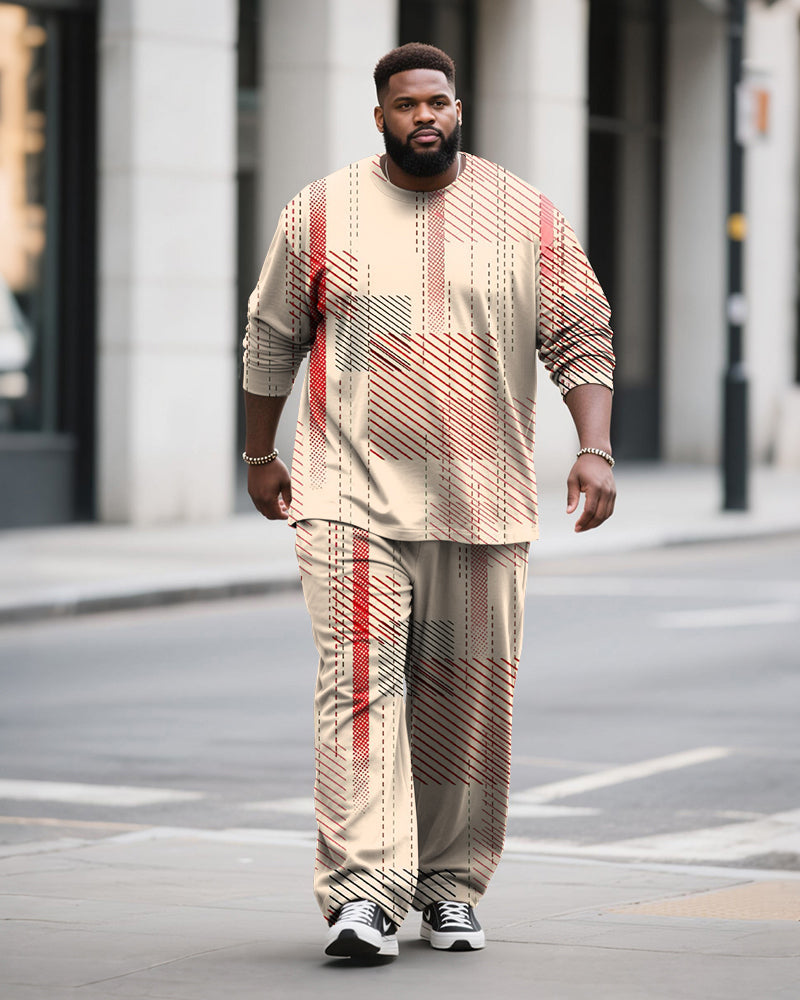 Big & Tall Men's Casual Geometric Plaid Print Long Sleeve T-Shirt Pants Set
