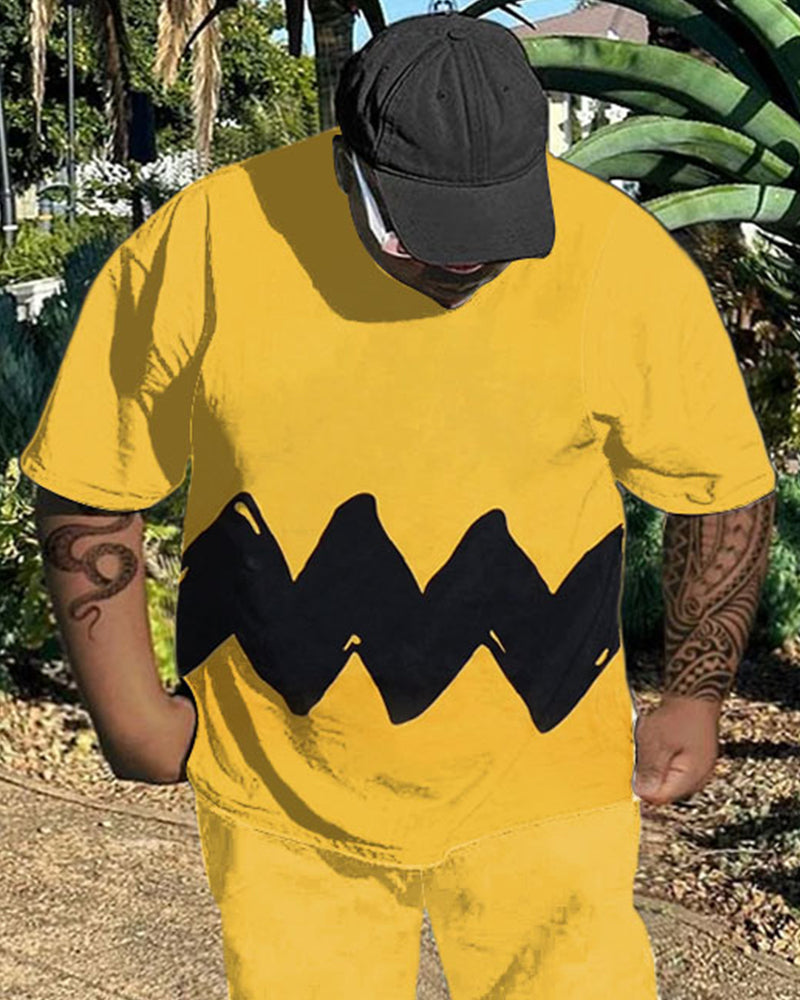 Big & Tall Men's Yellow Black Wave Print T-Shirt Pants Set