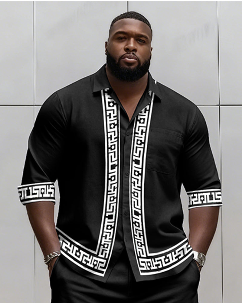 Big & Tall Men's Business Black Retro Geometric Print Long Sleeve Shirt Shorts Set
