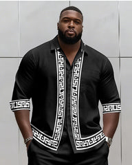 Big & Tall Men's Business Black Retro Geometric Print Long Sleeve Shirt Shorts Set