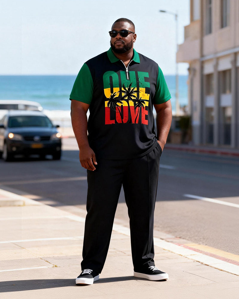 Big & Tall Men's Jamaican One Love Printed Zipper Polo Short Sleeve Pants Set