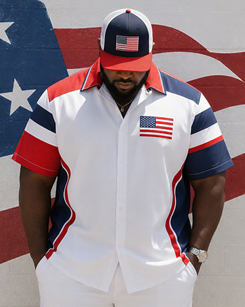 Big & Tall Men's Flag Contrast Stitching Printed Short Sleeve Shirt Shorts Set