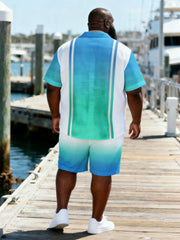 Big & Tall Men's Blue And White Gradient Striped Printed Short Sleeve Shirt Shorts Set
