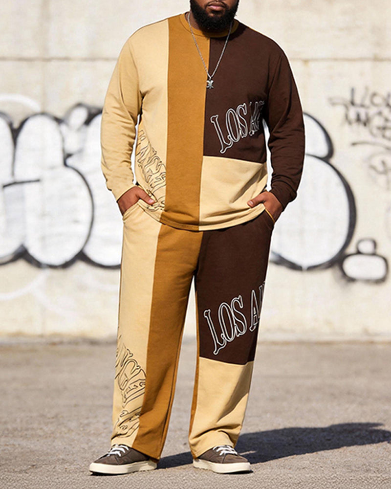 Big & Tall Men's Los Angeles Contrast Patchwork Printed Long Sleeve T-Shirt Pants Set