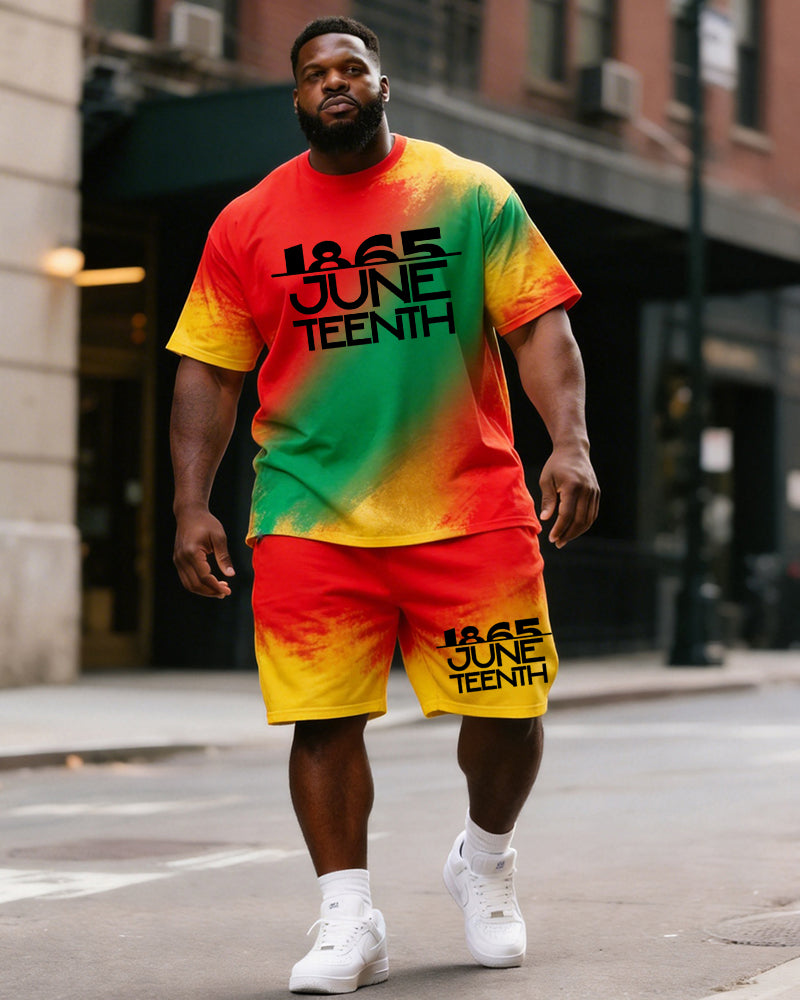 Big & Tall Men's1865 Juneteenth Red, Yellow And Green Gradient Printing Round Neck Short Sleeve T-shirt Shorts Set