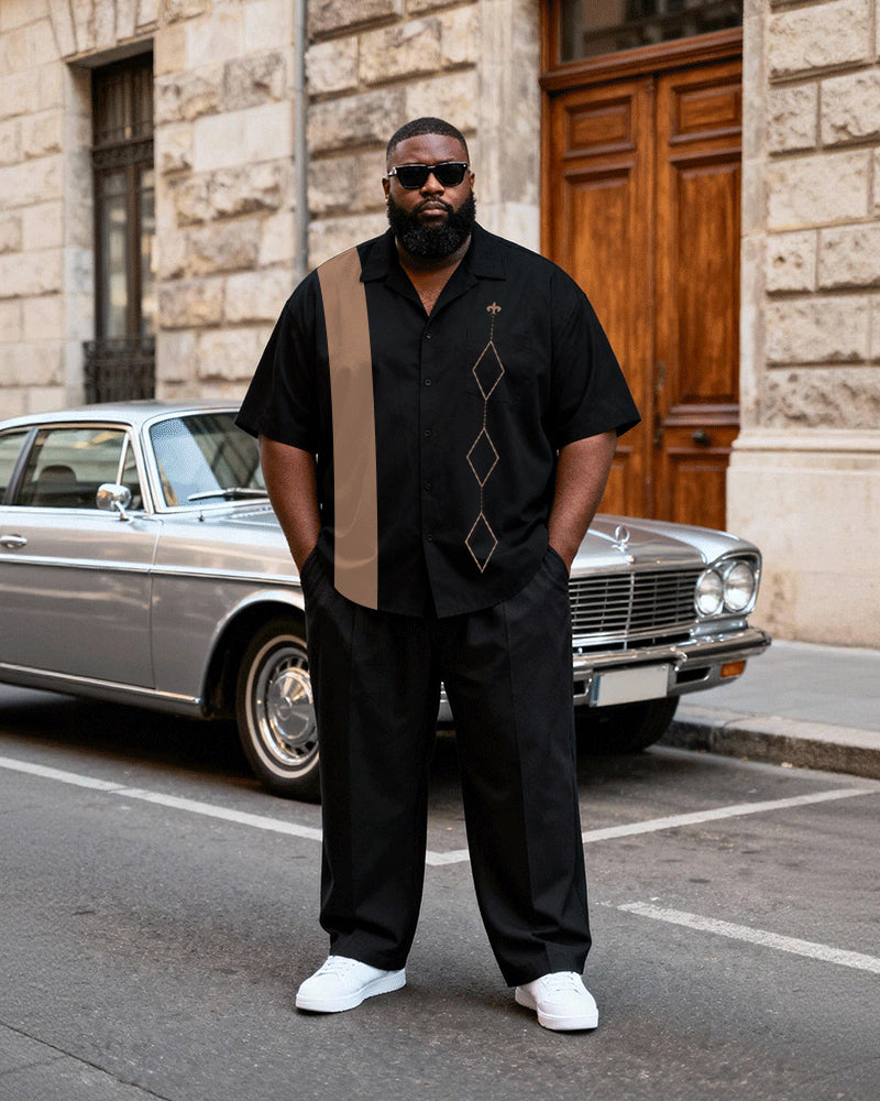 Big & Tall Men's Black Khaki Contrast Geometric Print Short Sleeve Shirt Pants Set