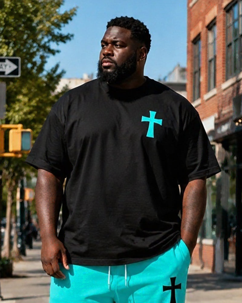 Big & Tall Men's Black And Blue Contrast Cross Printed T-Shirt Pants Set