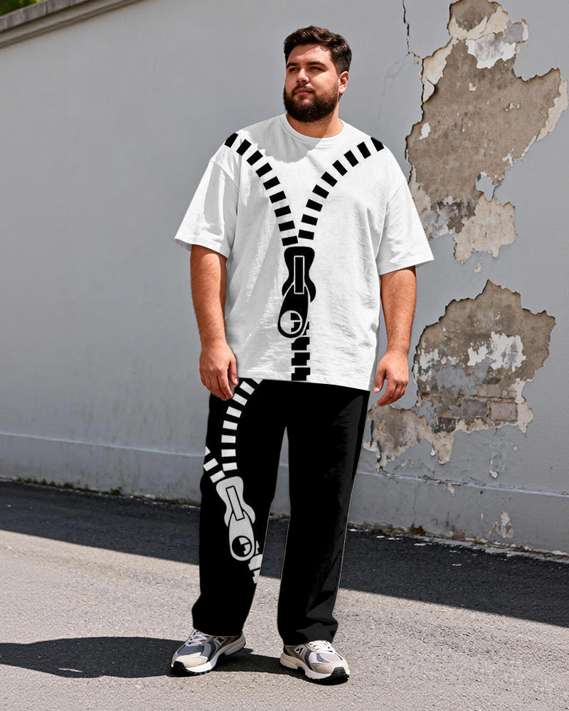 Big & Tall Men's Minimalist Black And White Contrast Zipper Printed T-Shirt Pants Set