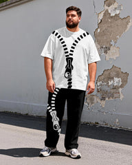 Big & Tall Men's Minimalist Black And White Contrast Zipper Printed T-Shirt Pants Set