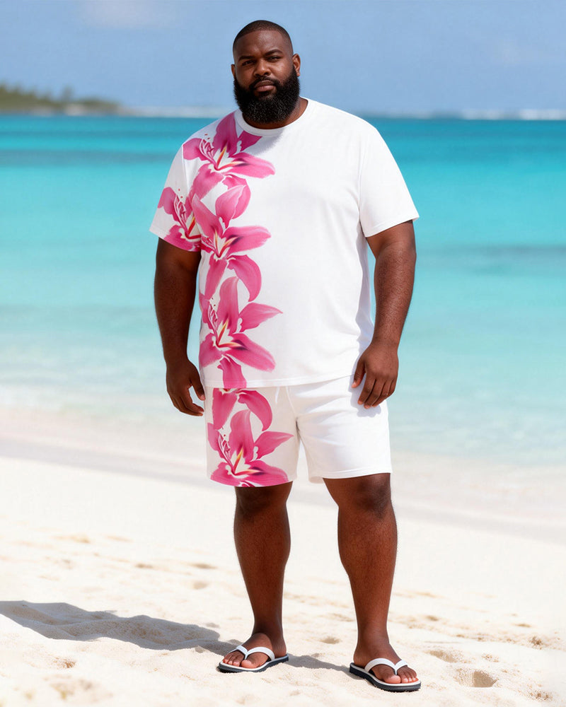 Big & Tall Men's Pink Side Print Round Neck Short Sleeve T-Shirt Shorts Set