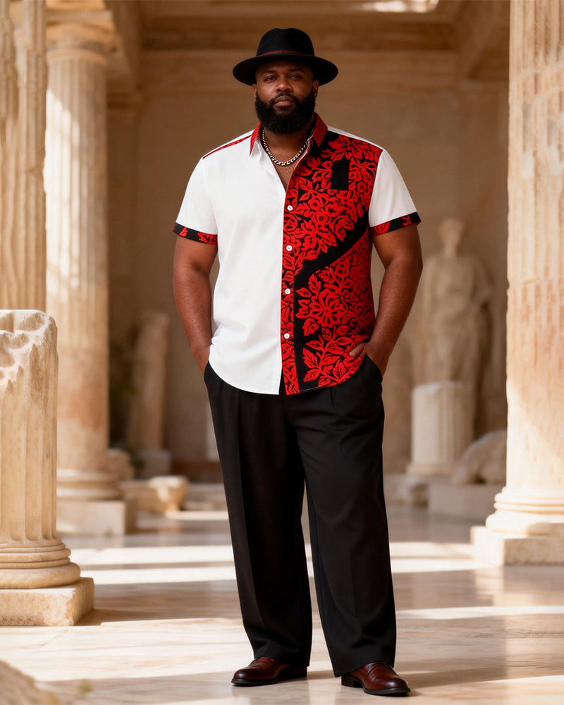 Big & Tall Men's Red And Black Ribbed Contrast Printed Short Sleeve Shirt Pants Set