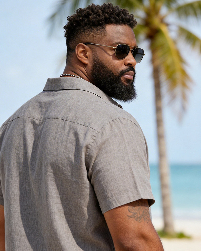 Short-sleeved Shirt With S-3XL Lapel Button And Linen Pocket
