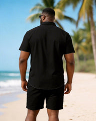 Big & Tall Men's Black Exquisite Striped Print Short Sleeve Shirt Shorts Set