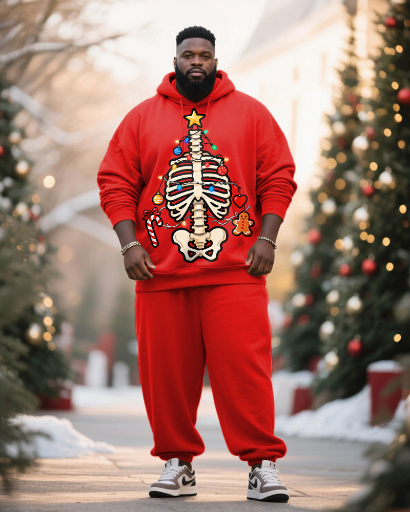 Big & Tall Men's Red Christmas Decoration Skull Skeleton Printed Hoodie Set