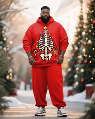Big & Tall Men's Red Christmas Decoration Skull Skeleton Printed Hoodie Set