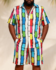 Big & Tall Men's Rainbow Graffiti Stripe Contrast Print Short Sleeve Shirt Shorts Set