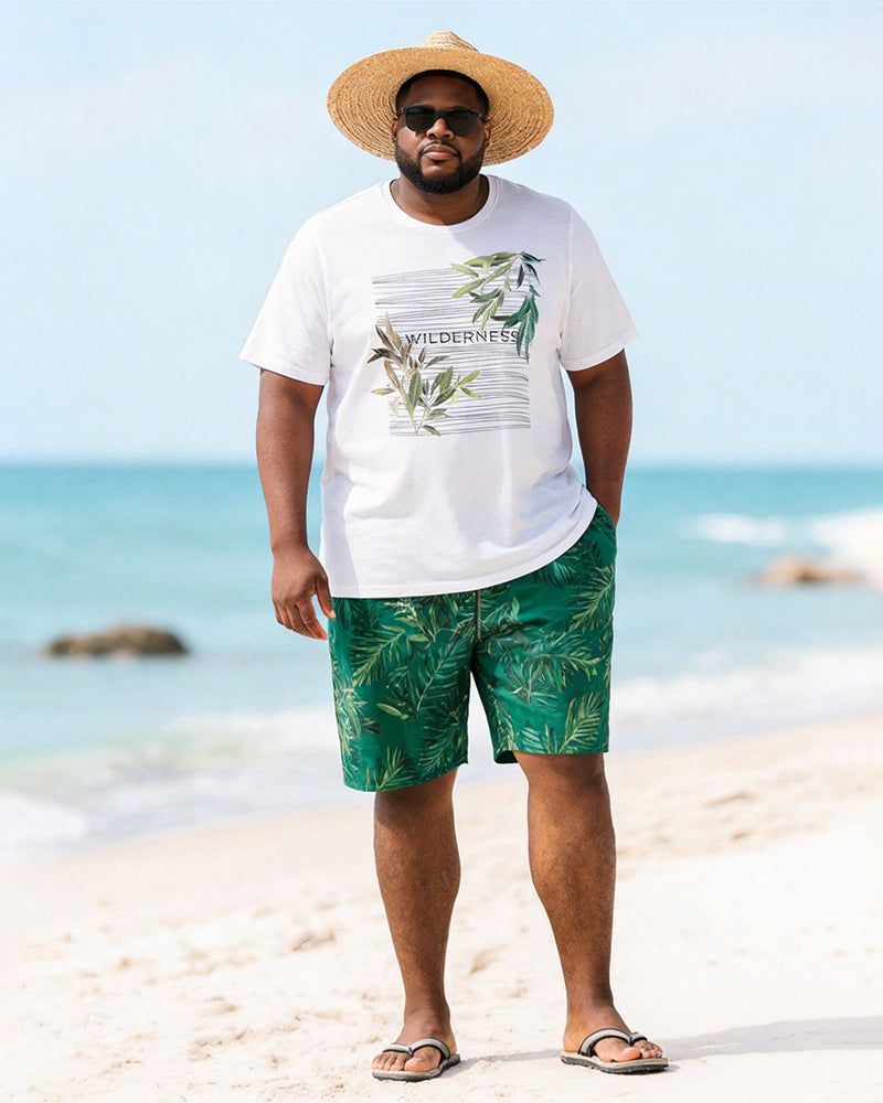 Big & Tall Men WILDERNESS Leaf Print Round Neck Short Sleeve T-Shirt Shorts Set