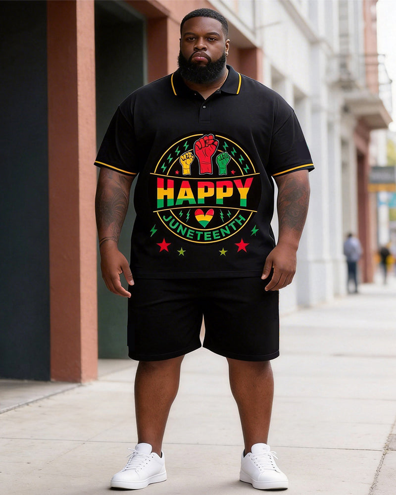Big & Tall Men's Happy Juneteenth Fist Print POLO Short Sleeve Shorts Set