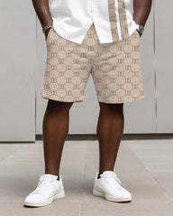 Big & Tall Men's Business Khaki Geometric Stripe Print Long Sleeve Shirt Shorts Set
