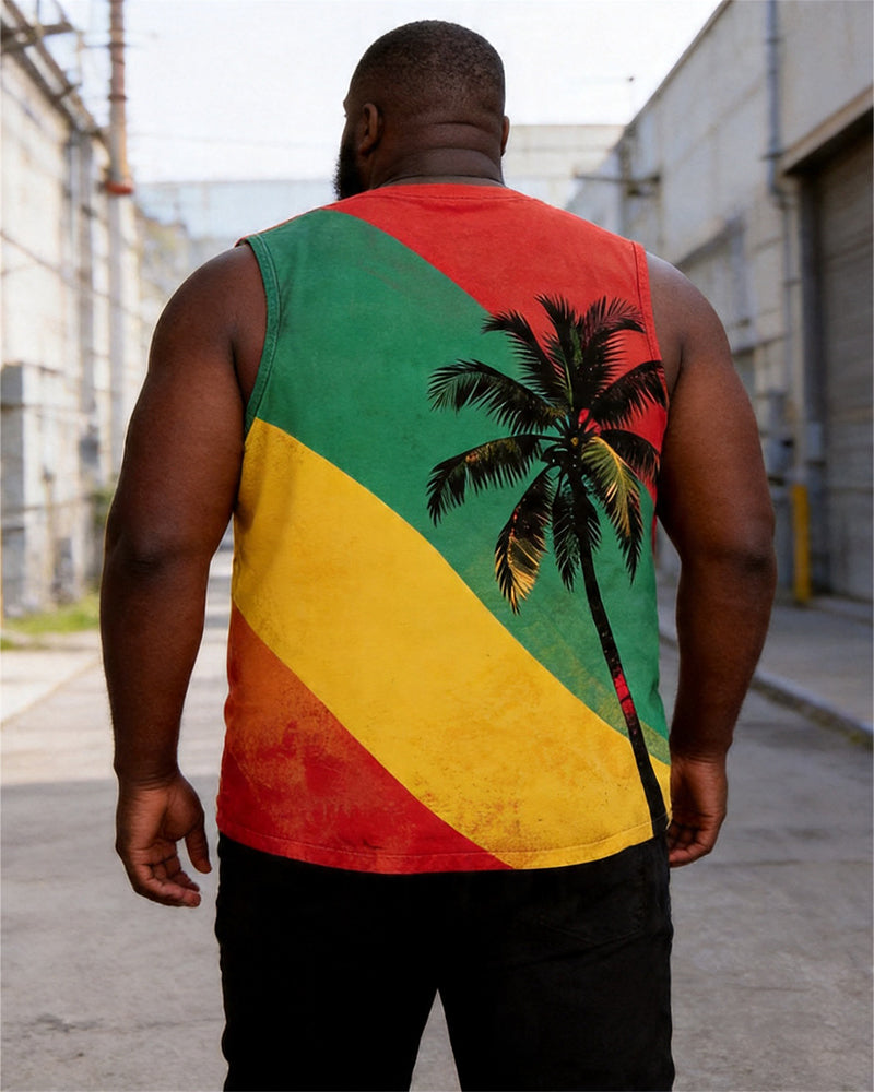 Big & Tall Men's Juneteenth Red Yellow Green Gradient Palm Tree Print Round Neck Sports Vest
