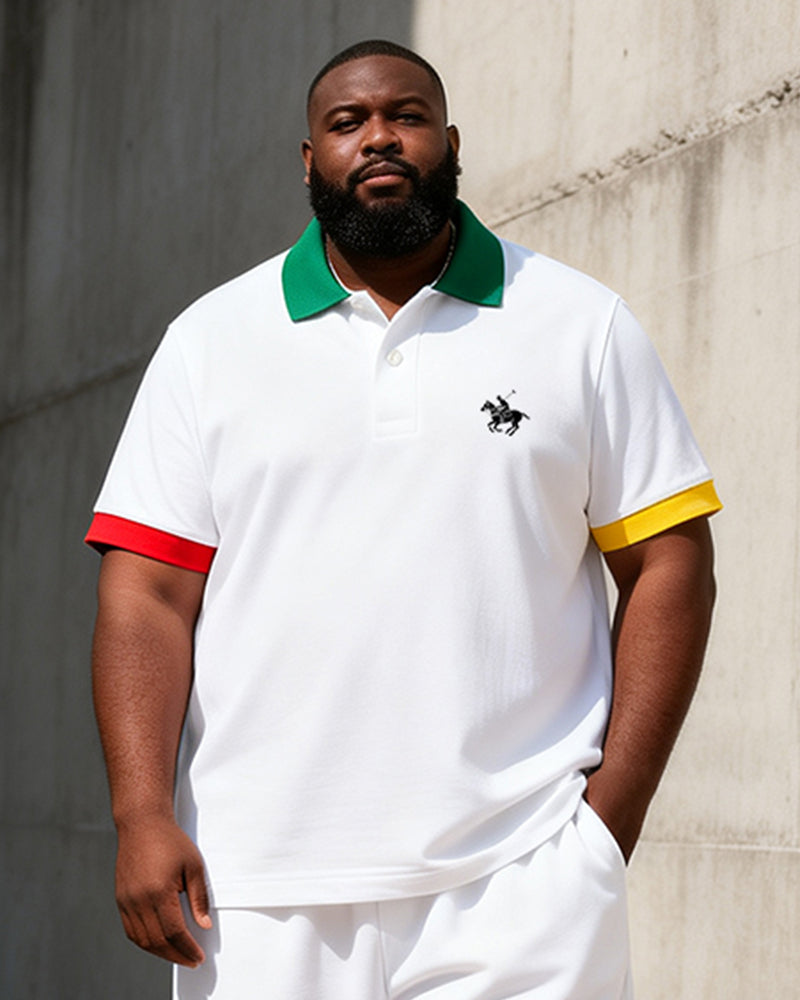Big & Tall Men's Green Red Yellow Contrast Printed POLO Short Sleeve Shorts Set