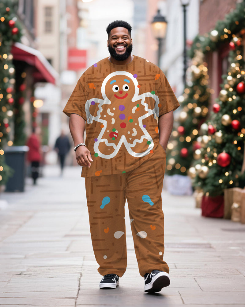 Big & Tall Men's Christmas Gingerbread Man Cosplay Printed T-Shirt Trousers Suit