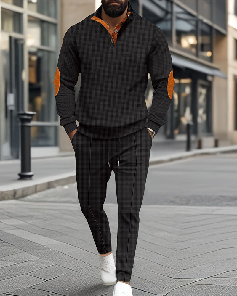 Big & Tall Men's Waffle Half Zipper Stand Collar Long Sleeve Trousers Set S-3XL