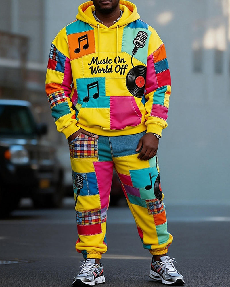 Big & Tall Men's Colorful Note Patchwork Printed Hoodie Set