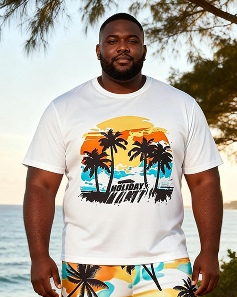 Big & Tall Men's Sunset Coconut Tree Holiday Printed Round Neck Short Sleeve T-Shirt Shorts Set