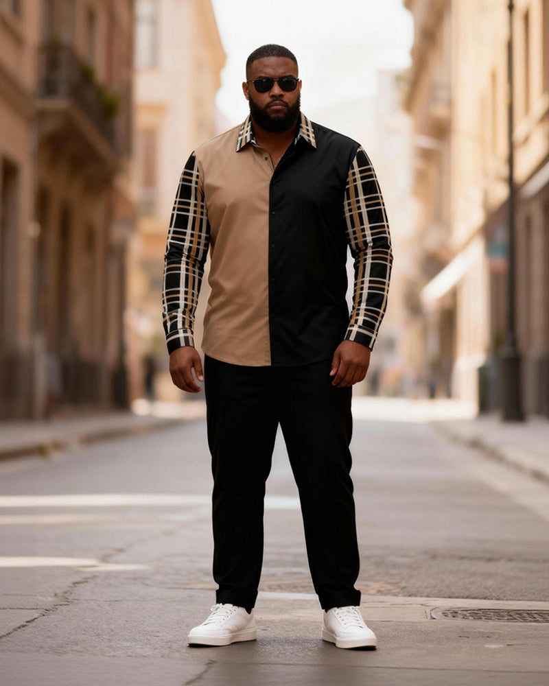 Big & Tall Men's Khaki Black Contrast Check Print Long Sleeve Shirt Trousers Set