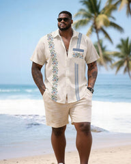 Big & Tall Men's Blue Flower Floral Striped Print Short Sleeve Shirt Shorts Set