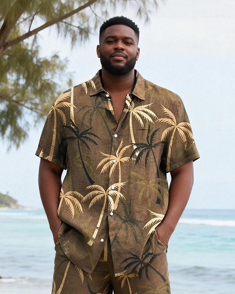 Big & Tall Men's Brown Coconut Retro Printed Short Sleeve Shirt Shorts Set