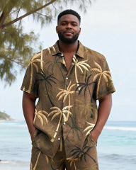 Big & Tall Men's Brown Coconut Retro Printed Short Sleeve Shirt Shorts Set