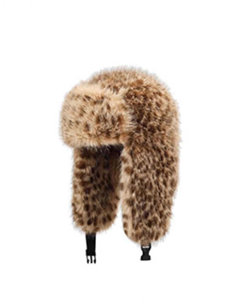 Leopard-Print Plush Ear Warmer Hat