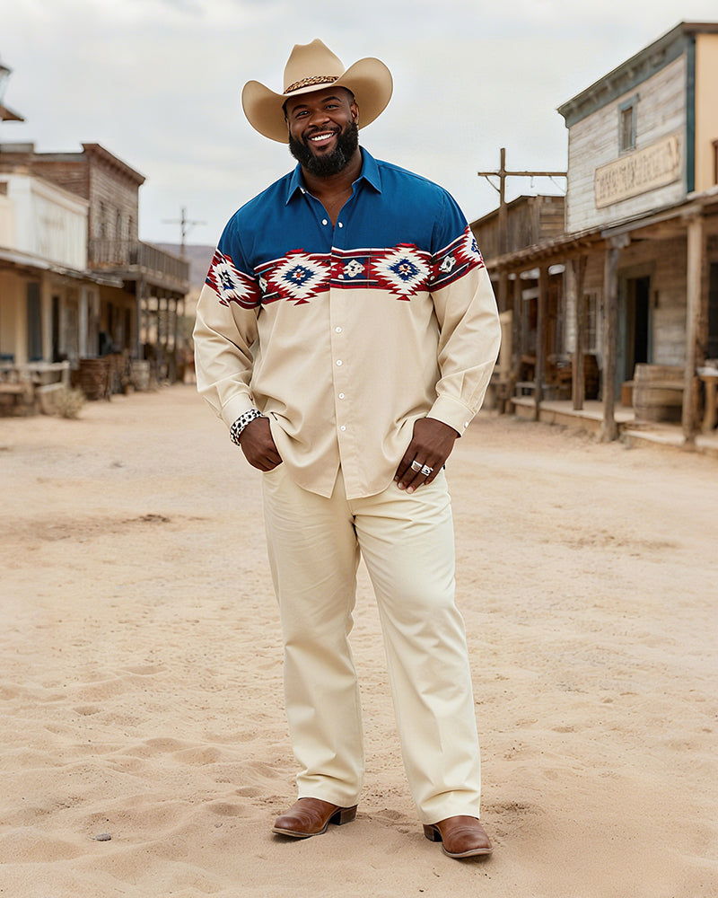 Big & Tall Men's Vintage Navajo Pattern Patchwork Printed Long Sleeve Shirt Pants Set