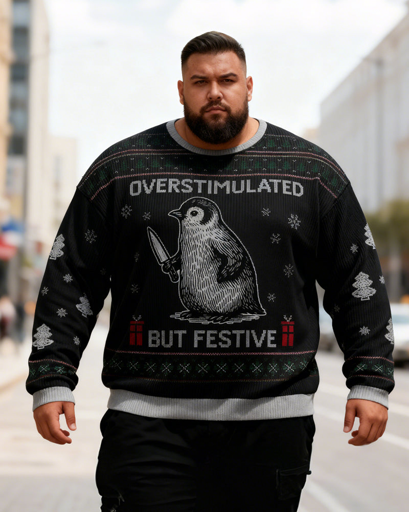 Big & Tall Men's Christmas Black Penguin Graffiti Print Crewneck Ugly Sweater